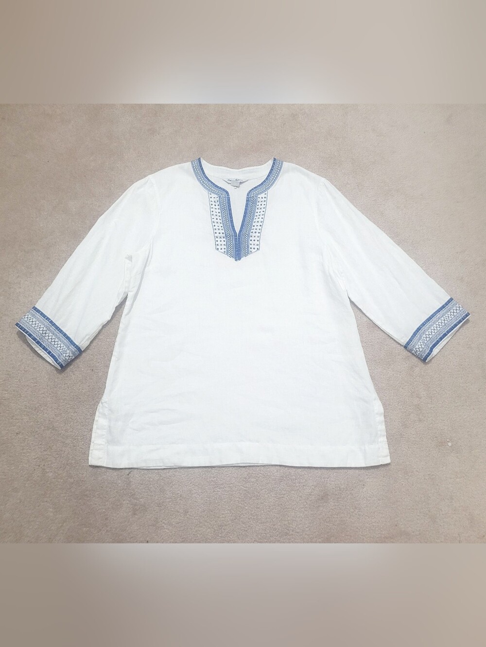 Tommy Bahama 100% Linen Tunic Top Medium White Blue Embroidered Beach Boho - Picture 12 of 12